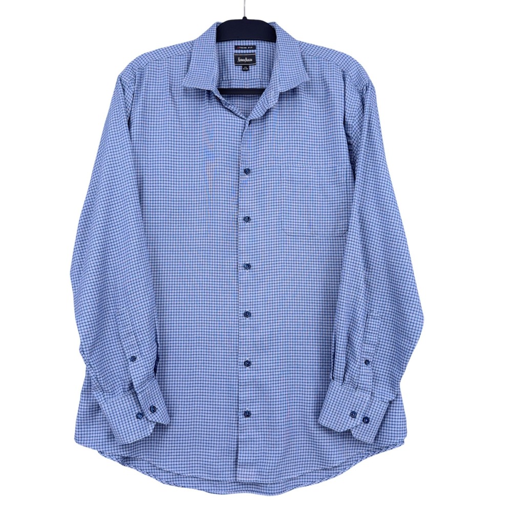 Neiman Marcus Button Down Shirt Mens 17.5 34/35 100% Cotton Blue Check